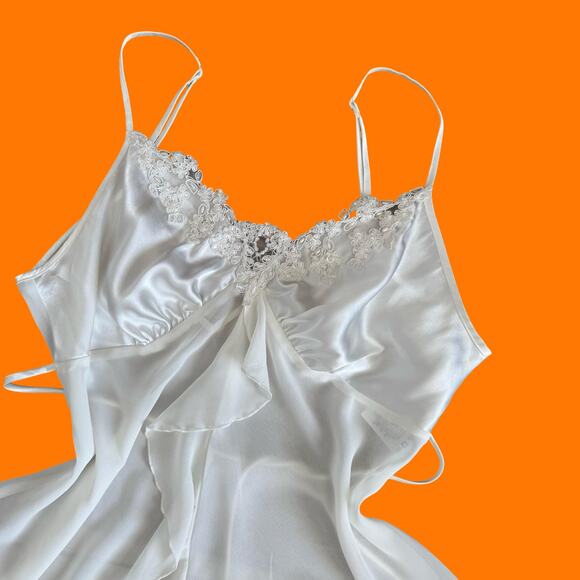 00's vintage white satin chiffon y2k bridal wedding lingerie slip dress MEDIUM - Picture 4 of 12